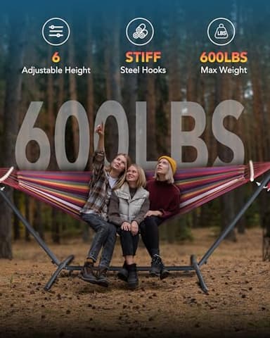 EveryFun Double Hammock with Heavy-Duty Steel Stand,Portable,Easy Assembly,600lbs Weight Capacity,Perfect for Indoor,Yard,Camping,or Outdoor-Rainbow - Image 2
