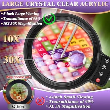 10X 30X Large Magnifying Glass with Light and Stand, 5-inch Lighted Magnifier, 72 LED 3 Color Modes Stepless Dimmable, Hands-Free Magnifying Glass Desk Lamp for Reading Craft Hobby Close Work Black - Image 2