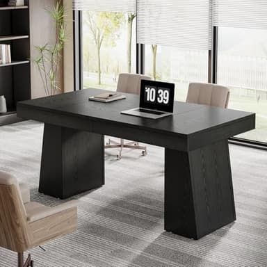 Tribesigns 55 Inches Executive Desk, Mid-Century Modern Home Office Desk with Double Trapezoid Base, Wood Computer Desk Business Workstation Desk Small Conference Table, Black - Image 6