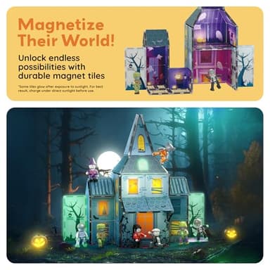 PicassoTiles Haunted House Theme Magnet Tile Building Blocks 8 Action Figures Magnetic Construction Toy Double Sided Printing Education STEM Learning Playset Halloween Adventure Kid Ages 3+ PTQ03 - Image 8