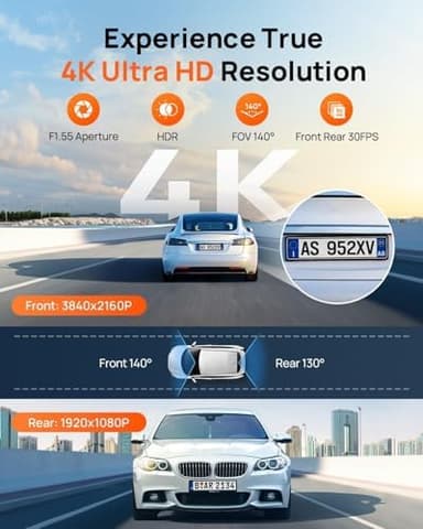 70mai 4K Dash Cam Front and Rear, Built in Wi-Fi 6 & GPS Car Camera, Super Night Vision, ADAS, 3'' IPS Screen, 24H Parking Mode, Time-Lapse, Loop Recording, with 128GB Card (A800SE - Image 3