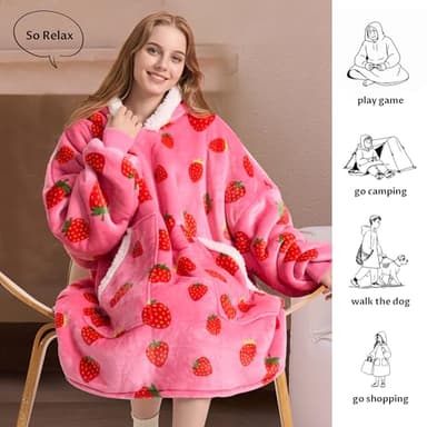Kipswiza Strawberry Wearable Blanket Hoodie - Soft Cozy Sherpa Fleece Oversized Hooded Blankets Sweatshirt Birthday Gifts for Women Girls Mom Sisters - Image 4