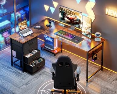 AODK L Shaped Desk with 4 Tier Drawers, 53" Reversible Gaming Desk with Power Outlets, L Shaped Computer Desk with USB Charging Port and Host Stand, Home Office Corner Desk, Easy to Assemble, Vintage - Image 8