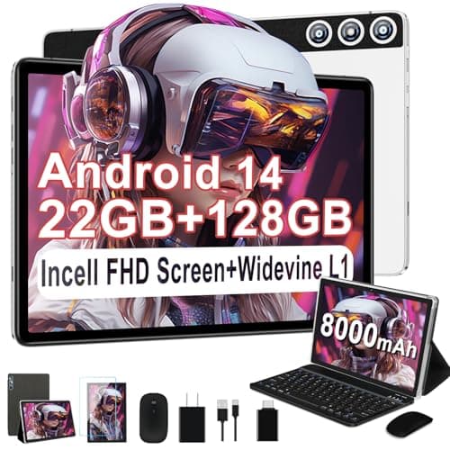 DMOAO Android Tablet 2025 Tablets with 22GB RAM+128GB ROM/ 1TB Expand, 8000mAh Battery, Octa-Core 2.0GHz CPU, 5G WiFi, GPS, 10.1 Inch FHD IPS 2 in 1 Tablet PC with Keyboard/Mouse-Sliver - Image 1