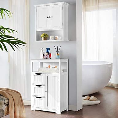 Yaheetech Bathroom Floor Cabinet Wooden Storage Organizer with 1 Door and 3 Drawers, Free-Standing Cupboard for Kitchen/Living Room/Bathroom Use, White - Image 4