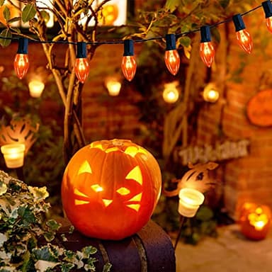 Konictom C9 Clear Orange String Light, 25Ft Outdoor Halloween Light String with 25 Clear Edison Bulbs, C9 Vintage Glass Hanging Lights for Patio Halloween Party Holiday Decor, C9/E17 Base, Black Wire - Image 7