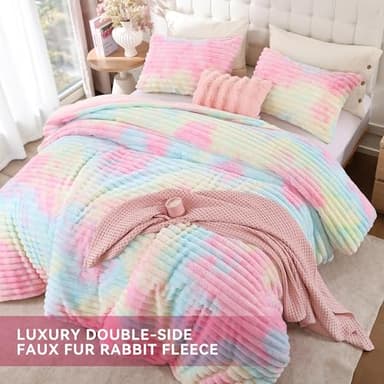 Smoofy Fluffy King Size Comforter Set 3 Pieces - Rainbow Fleece Fluffy Comforter Set, Luxury Fuzzy King Bedding Set, Soft King Bed Set All Season, Heavy Faux Fur Comforter with 2 Pillow Cases - Image 4