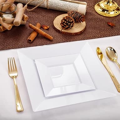 Liacere 100PCS White Square Plastic Plates - 50PCS Heavy Duty 9.5inch White Dinner Plates and 50PCS 6inch White Dessert Plates - Durable Fancy White Disposable Plates for Party & Wedding - Image 6