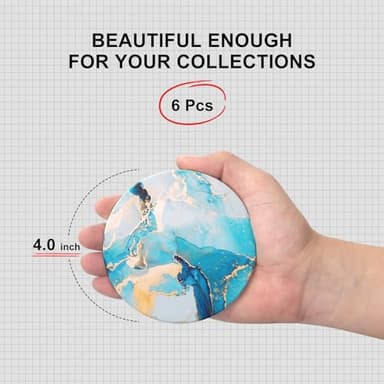 6 Pcs Light Blue Marble Abstract Ceramic Coasters with Holder Best Round Drink Absorbent Coasters for Desk, Lounge, Coffee, Wine, Beverage, Dining Table Decor, Bar Coaster Set - Image 5