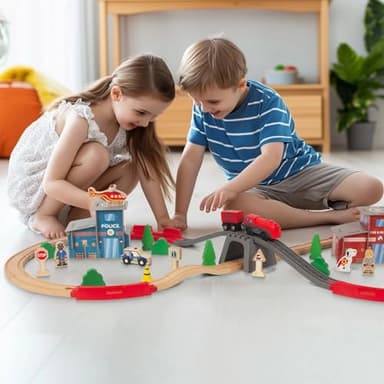 WoodenEdu Wooden Train Set for Toddler - 60 Pcs- with Wooden Tracks fits Thomas, fits Brio, fits Chuggington, fits Melissa and Doug - Expandable, Changeable-Train Toy for 3 4 5 Years Old Girls & Boys - Image 4