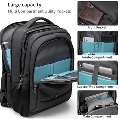DUSLANG 17 Inch Laptop Backpack for Travel Water Resistant College Backpack for Men/Women Laptop Bag with USB Charging Port,Black - Image 2