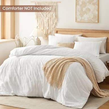 BESTSWEETIE White Duvet Cover King Size - Striped Tufted King Duvet Cover Set with Zipper Closure, 3pcs Soft Microfiber Boho Bedding Set for All Seasons (King, 104"x90") - Image 2