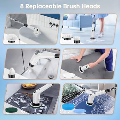 PUFTEM Electric Spin Scrubber, Cordless Shower Scrubber with 8 Scrub Brush, 2 Speed with Adjustable Extension Handle, Battery Level Display, Power Scrubber for Bathroom Bathtub Tile Floor (Black) - Image 6