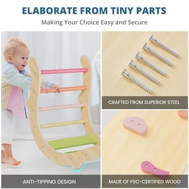 BlueWood Pikler Triangle Set, Toddler Wooden Climbing Toys Indoor 7in1 Foldable Climber for Kids, Montessori Philosophy Play Jungle Gym with Arch, Ramp, Ladder (Colorful Spring) - Image 8