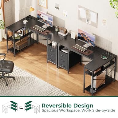 Huuger L Shaped Office Desk with Power Outlets, 47 Inch Computer Desk with 3 Drawers, Shelves, for Gaming, Corner Work, Home Office, Study, Black - Image 4