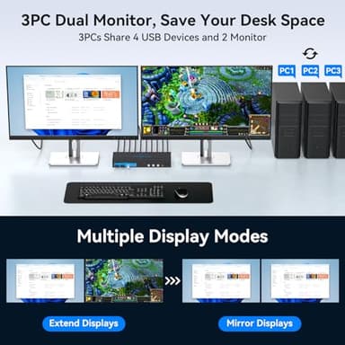 HDMI2.0+ Displayport1.4 KVM Switch 2 Monitors 3 Computers USB 3.0 KVM 8K & 4K Swicthes for 3 Computer Share Dual Monitor and 1 Set of Keyboard Mouse Printer and U Disk. Two USB Cables Included. - Image 3