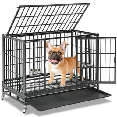 Homey Pet 37 inch Stackable Heavy Duty Dog Crate, Indestructible Escape Proof Dogs Cage Kennel with Lockable Wheels, Removable Tray & Metal Grid, Double Doors for High Anxiety Medium/Small Dogs - Image 1