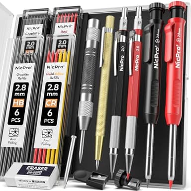 Nicpro 11 Pack Carpenter Pencil Set with Sharpener, Mechanical Carpenter Pencils with 40 Refill, Automatic Center Punch and Carbide Scribe Tool, Heavy Duty Construction Pencil for Architect-With Case - Image 1