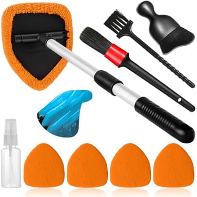 Qydipclin 10pcs Windshield Cleaner Tool, Car Window Cleaning Wash Kit with 4 Reusable Microfiber Pads 1 Spray Bottle and Extendable Handle Auto Glass Wiper Kit, Orange - Image 1