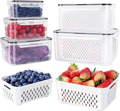 5 PCS Large Fruit Containers for Fridge - Leakproof Food Storage Containers with Removable Colander - Dishwasher & microwave safe Produce Containers Keep Fruits, Vegetables, Berry, Meat Fresh longer - Image 1
