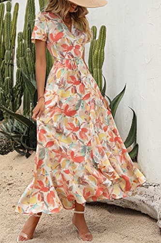 PRETTYGARDEN Women's Summer Wrap Maxi Dress Casual Boho Floral V Neck Short Sleeve Ruffle Hem Split Beach Long Dresses (White Floral,Large) - Image 7