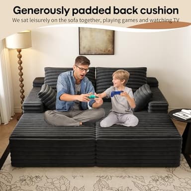 80” Oversized Double Lounge Chaise,Cloud Plush Sofa Bed,Upholstered Boneless Cloud Sofa Deep Seat,No Assembly Required,Modern Corduroy Sleeper Loveseat Chair for Living Room Bedroom Reading,Black - Image 4