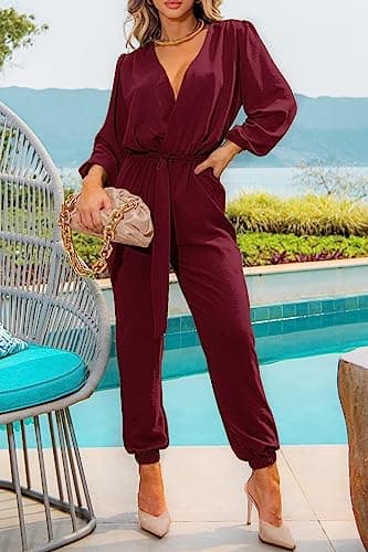 PRETTYGARDEN Women's Spring Fall Jumpsuits Casual Dressy One Piece Outfits V Neck Long Sleeve Belt Pockets Long Pants Romper (Wine Red,Small) - Image 5