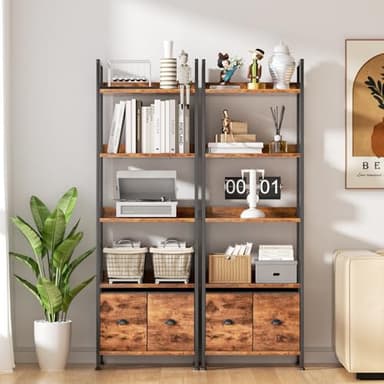 Furologee 5-Tier Bookshelf, Tall Bookcase with 2 Storage Drawers, Adjustable Industrial Display Standing Shelf Units, Wood and Metal Storage Rack for Living Room, Bedroom, Home Office Rustic Brown - Image 7