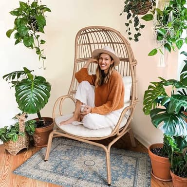 YITAHOME Outdoor Narrow Egg Chair Wicker, Patio Rattan Basket Chair with 370lbs Capacity Indoor Egg Chairs with Stand & Cushion Cocoon Chair for Bedroom, Patio, Balcony - Beige - Image 2
