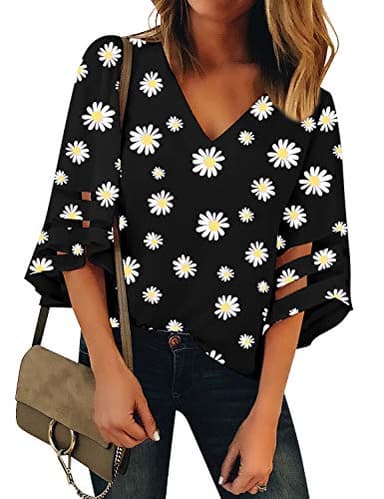 LookbookStore Women's Casual Cute V Neck Mesh Panel Blouse 3/4 Bell Sleeve Loose Top Flowy Lounge Shirt Daisy Floral Printed Black Size Large - Image 1
