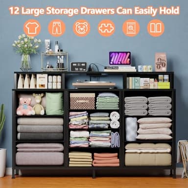 Furnulem 55" W Dresser for Bedroom with LED Lights and Power Outlets,Black Large 12 Storage Drawers Long Fabric Chests Dressers with 2 Shelves for Closet,Living Room,Entryway,Wooden Top,Metal Frame - Image 8