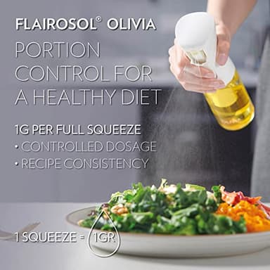 FLAIROSOL OLIVIA. The Original Advanced Oil Sprayer for Cooking, Kitchen, Salads, BBQs, Continuous Spray with Portion Control, 130ml Glass Olive Oil Sprayer(White Print) - Image 5