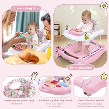 5 in 1 Foldable Baby Walker, Activity Baby Walker-Baby Bouncer, Rocker, Activity Center,Seat and Push Walker,Detachable Trampoline Mat, Adjustable Speed Rear Wheels and Height,Ages 6-18 Months(Pink) - Image 3