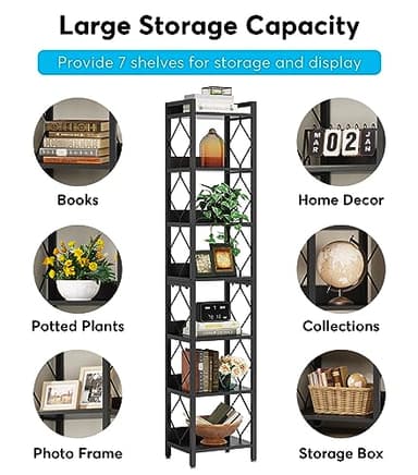 Tribesigns 78.7 Inch Extra Tall Narrow Bookshelf, 7 Tier Skinny Bookcase for Small Spaces, Freestanding Display Shelves, Multifunctional Corner Storage Organizer for Home Office, Black - Image 9