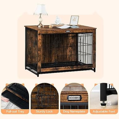 HOOBRO Dog Crate Furniture, 38.6" Large Dog Kennel Indoor, Wooden Cage with Pull-Out Tray, Double Doors Pet House Side End Table for Large/Medium/Small Dogs, Rustic Brown BF982GW03G1 - Image 7