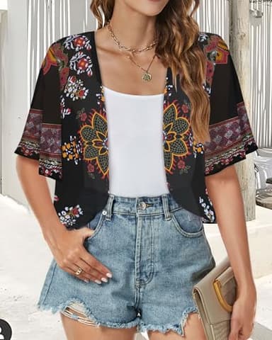 Women Shrug Chiffon Cardigans Open Front Short Sleeve Bolero for Evening Dressy(Black Print,S) - Image 6