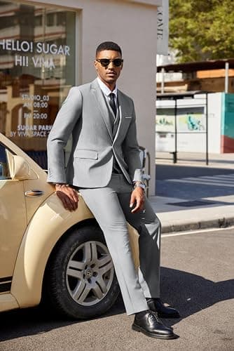 COOFANDY Men's 3 Piece Slim Fit Suit Set Classic One Button Blazer Suit Vest Dress Pants Formal Suits Light Heather Grey - Image 3