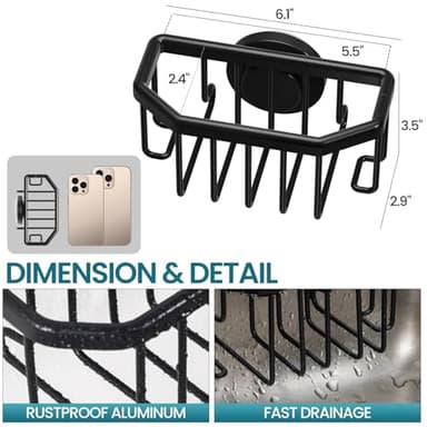 TAILI Sponge Holder with Strong Suction Cup, Dish Sponge Caddy Inside Sink Removable, Rustproof Aluminum for Sponges, Brushes, Stoppers and Scrapers - Black - Image 2