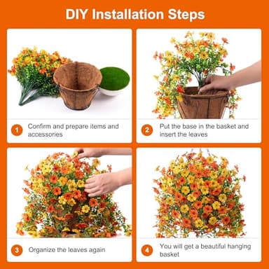 Artificial Fake Hanging Flowers Plants with Basket Spring Outdoor Decor,Faux Silk Colorful Daisy in Planter Boxwood No Fade Plastic Shrubs Farmhouse Home Garden Porch Decoration (Yellow Orange) - Image 6