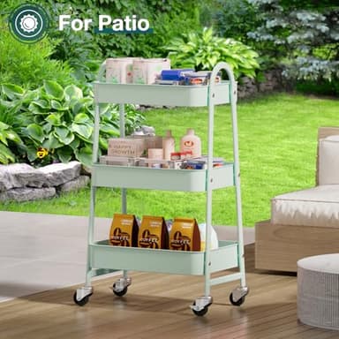 SMUG 3 Tier Rolling Cart - Metal Utility Carts on Lockable Caster Wheels, Mobile Storage Shelves Organizer for Livingroom, Bathroom, Kitchen, Bedroom & Narrow Places, Green - Image 8