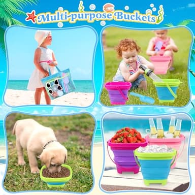 Collapsible Beach Buckets for Kids, Foldable Sand Buckets and Shovels with Mesh Bag, Silicone Sand Pails Travel Beach Toys for Toddlers Easter Egg Hunt, Camping and Fishing Water Pail - Image 7