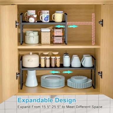 25.5 Inches 2 Pack Expandable Cabinet Shelves, Stackable Shelf Organizer for Kitchen Cabinet Countertop Storage, Adjustable Counter Cupboard Pantry Organizer Shelf Rack Stand Riser, Black - Image 4