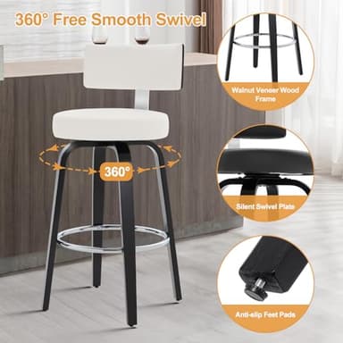 Bekrvio Swivel Counter Height Bar Stools Set of 4, 26” Seat Height Island Chairs Modern Kitchen Stools for Kitchen Counter, Faux Leather Upholstered Barstools with Back, Black Wood Legs and White Seat - Image 3