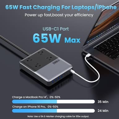 Kioson 12-in-1 Charging Station USB-C Power Strip with 5ft Cord and Plug, 200W GaN IV Charger Block, 4 AC Outlets, 4 USB A&C for MacBook,iPhone 16/15/14, Desktop Charger for Office, Home - Image 5