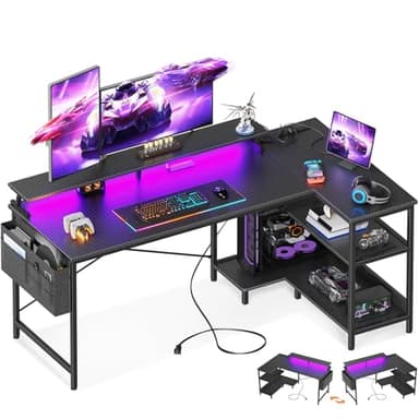 ODK 58 Inch Gaming Desk with USB Charging Ports and LED Lights, Reversible L Shaped Computer Desk with Storage Shelves & Monitor Stand, Corner Gamer Desk Table with Power Outlets, Black - Image 1