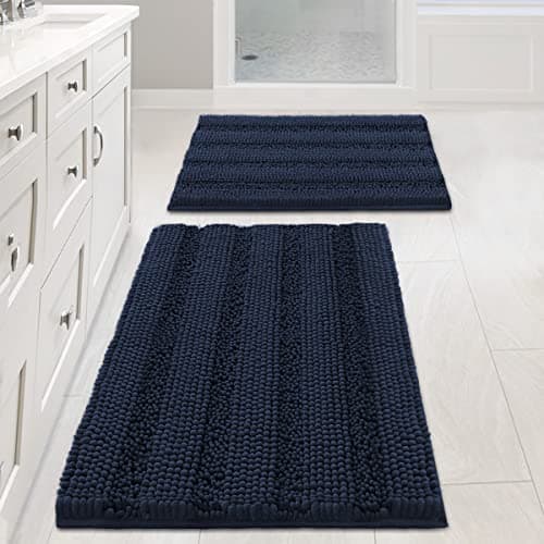 H.VERSAILTEX Navy Blue Bathroom Rugs 2 Piece, Bath Mat Set Slip-Resistant Extra Absorbent Soft and Fluffy Striped Chenille Bath Rugs, Floor Mats Dry Fast Machine Washable (20" x 32"/17" x 24") - Image 1