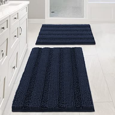H.VERSAILTEX Navy Blue Bathroom Rugs 2 Piece, Bath Mat Set Slip-Resistant Extra Absorbent Soft and Fluffy Striped Chenille Bath Rugs, Floor Mats Dry Fast Machine Washable (20" x 32"/17" x 24") - Image 1