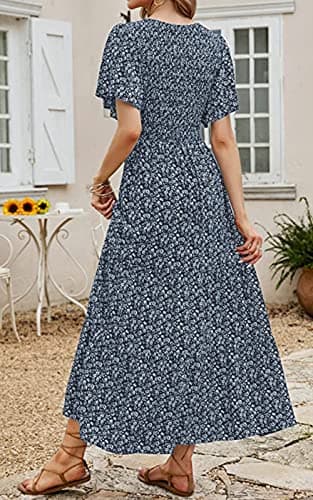 PRETTYGARDEN Women's Summer Casual Flutter Short Sleeve Boho Floral Maxi Dress Crew Neck Smocked Tiered Long Dresses (Navy,Large) - Image 7