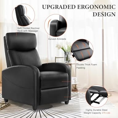 Sweetcrispy Massage Recliner Chair for Adults, Adjustable Home Theater Seating with Lumbar Support, Modern Fabric Reclining with Padded Backrest and Seat, Compact Sofa Chairs for Living Room, Black - Image 4