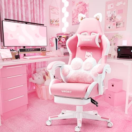 Vigosit Cat Ears PU Leather Gaming Chair Ergonomic Adjustable Office Desk Computer Chairs for Gamers Adults Kids 360 Degree Swivel Recliner 45in Height, Pink - Image 1